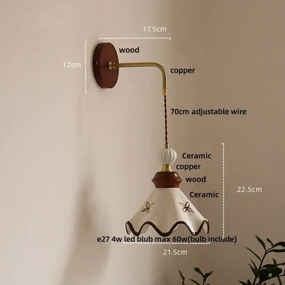 A vintage floral ceramic led wall light with white and brown ceramic led wall decorbites design and wooden pull chain mount