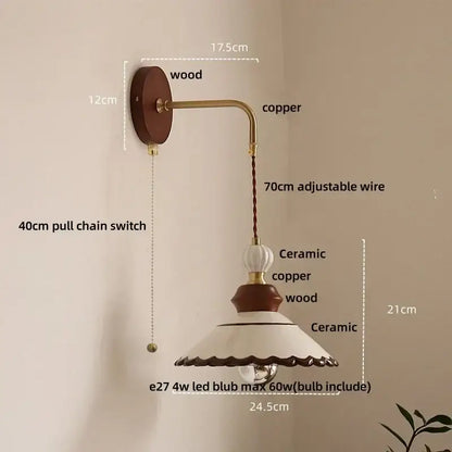 A rustic vintage floral ceramic led wall light with wooden backplate copper arm and white scalloped ceramic shade for bedroom decorbites ceramic led wall