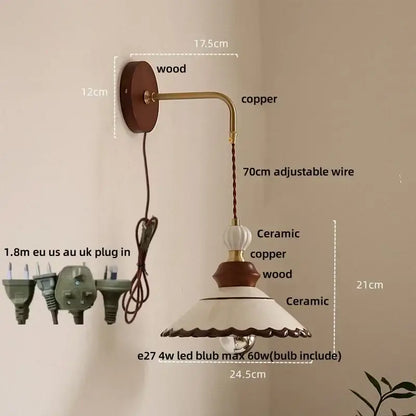 Vintage floral ceramic led wall light with wooden base copper arm white ceramic shade brown trim decorbites ceramic led