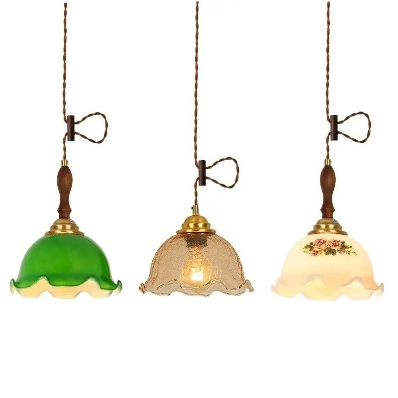 Three vintage floral cracked glass pendant lights with wooden handles and brass accents for living room decorbites cracked glass