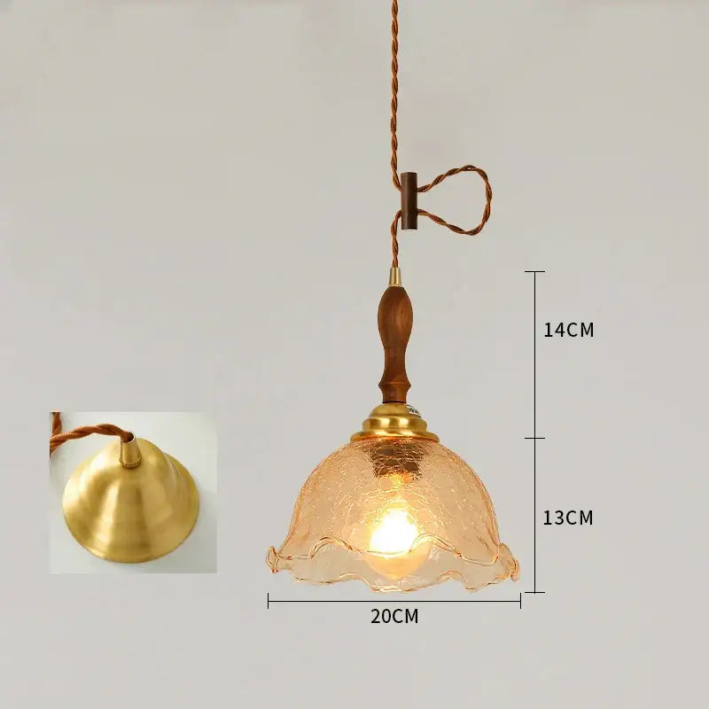 Vintage floral cracked glass pendant light with warm-toned crackled glass wooden handle and brass accents decorbites cracked glass