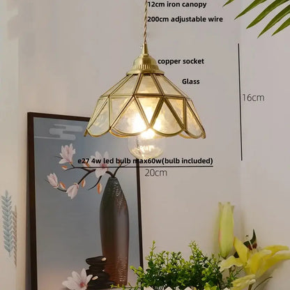 A brass-toned geometric glass pendant lamp with 12cm iron canopy and adjustable decorbites copper wire glass light