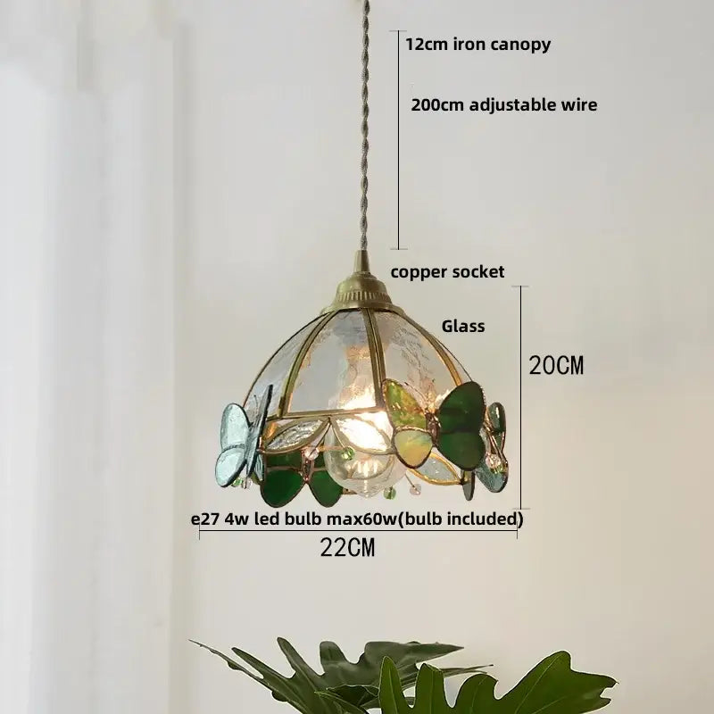 Vintage floral glass pendant lamp with copper wire glass socket and green blue stained-glass butterfly decorbites copper wire