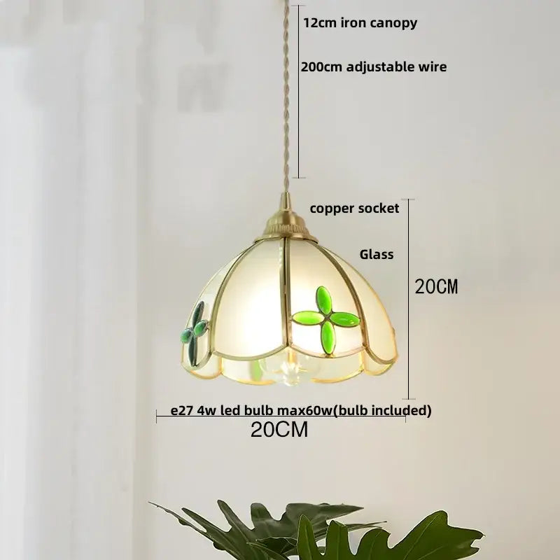 Vintage floral glass pendant lamp with green clover panels and decorbites copper wire glass socket for kitchen decor