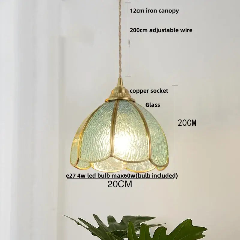 Vintage floral glass pendant lamp with translucent green shade and copper wire glass socket by decorbites copper wire