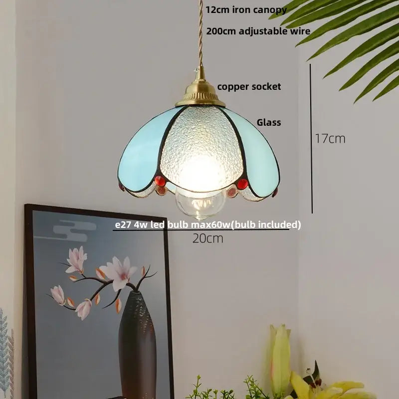 Delicate vintage floral pendant lamp with pale blue glass shade, black trim, red beads, and decorbites copper wire glass