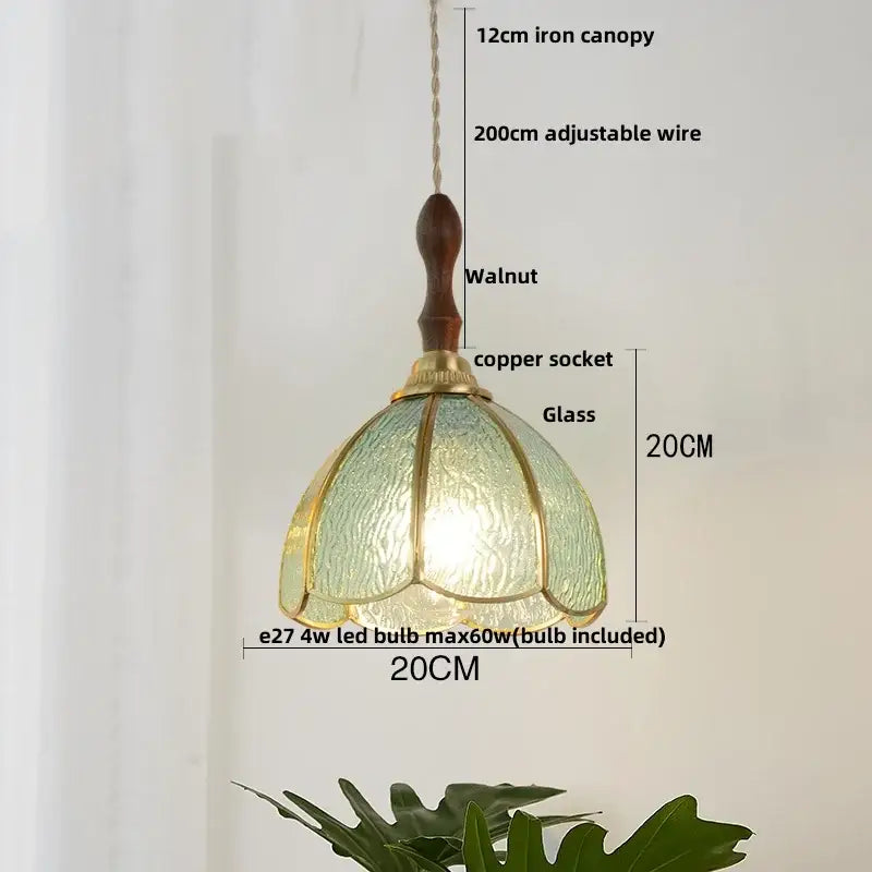 Vintage floral glass pendant lamp with green textured shade, brass accents, and walnut iron canopy for copper wire glass decorbites copper wire lighting