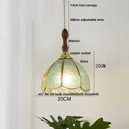 Vintage floral glass pendant lamp with green textured shade, brass accents, and walnut iron canopy for copper wire glass decorbites copper wire lighting