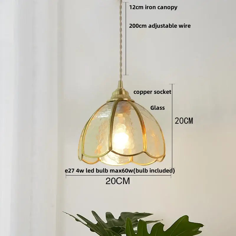 Vintage floral glass pendant lamp with brass-toned frame and e27 led bulb featuring soft amber glow by decorbites copper wire glass