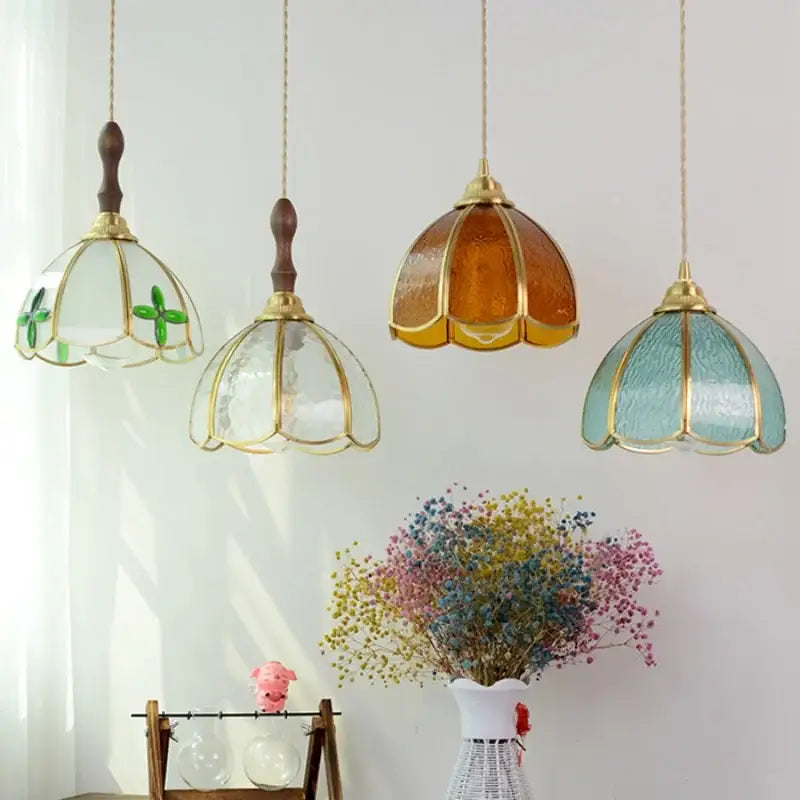 Four hanging stained glass pendant lamps with wooden tops floral design in clear amber and teal decorbites copper wire glass