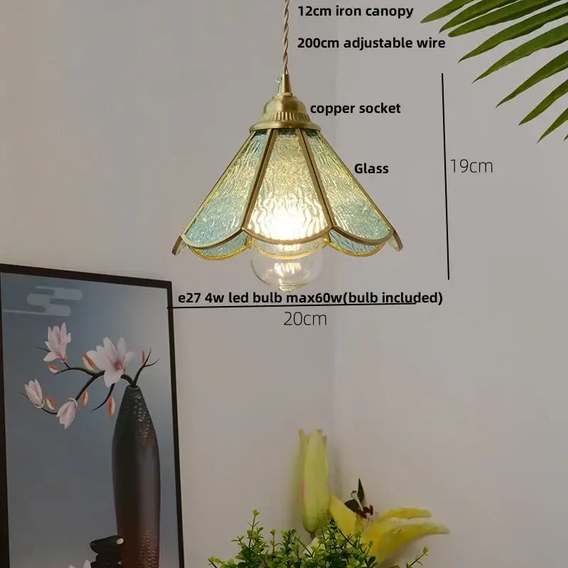Vintage floral glass pendant lamp with textured turquoise shades and decorbites copper wire glass suspension