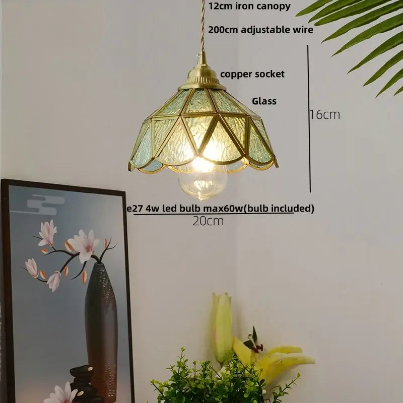 Vintage floral glass pendant lamp with faceted green shade and adjustable copper wire glass socket by decorbites copper wire
