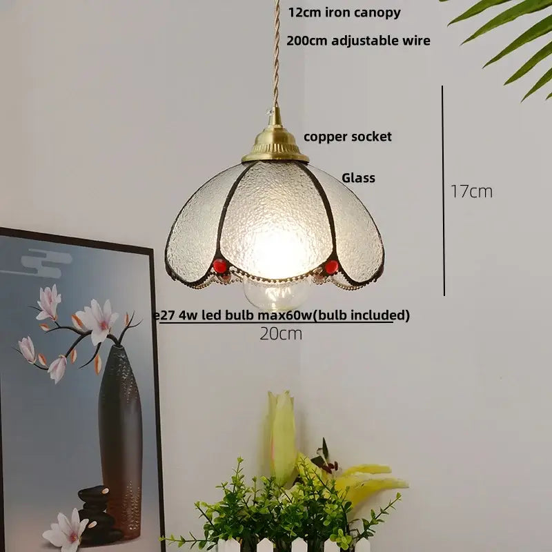 Vintage floral glass pendant lamp with frosted shade black trim red beads featuring decorbites copper wire glass design