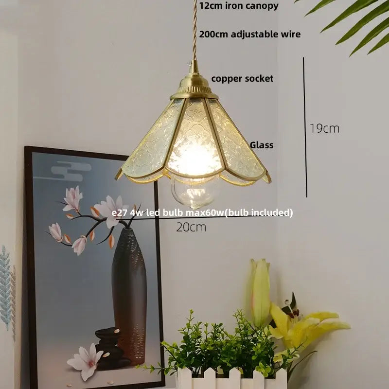 Vintage floral glass pendant lamp with brass iron canopy copper wire glass and copper socket for decorbites pendant lamp
