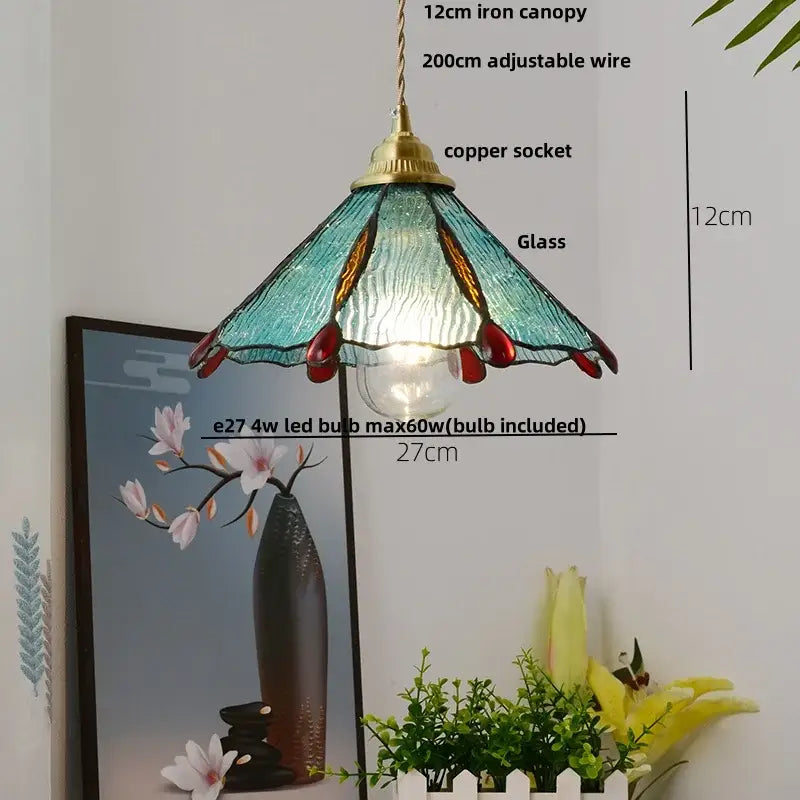 Vintage floral glass pendant lamp with teal and amber stained glass and brass fixture featuring copper wire glass decorbites copper wire