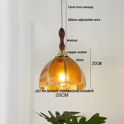 Warm amber glass pendant lamp with walnut iron canopy and copper wire glass socket for vintage decorbites copper wire lighting