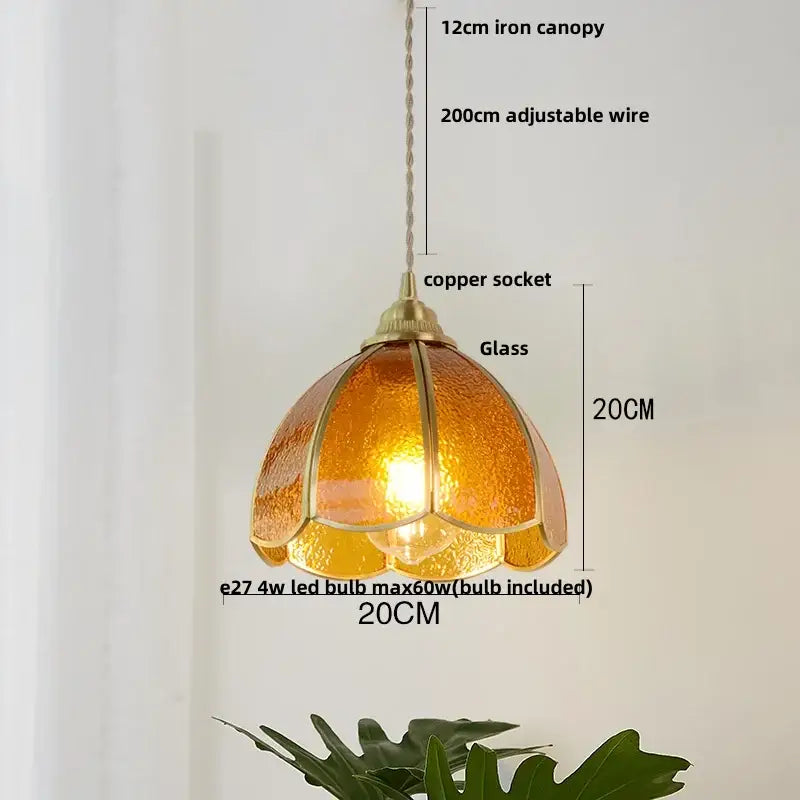 A vintage floral amber glass pendant lamp with decorbites copper wire glass and copper socket for kitchen lighting