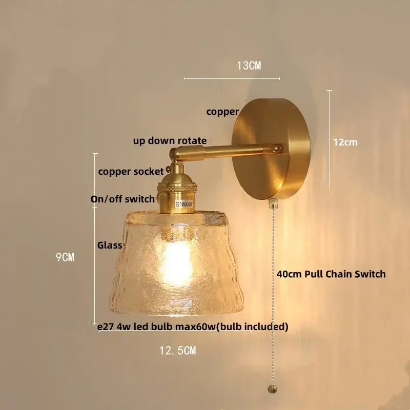Copper finished vintage floral green glass led wall sconce with amber textured glass and 40cm pull chain switch