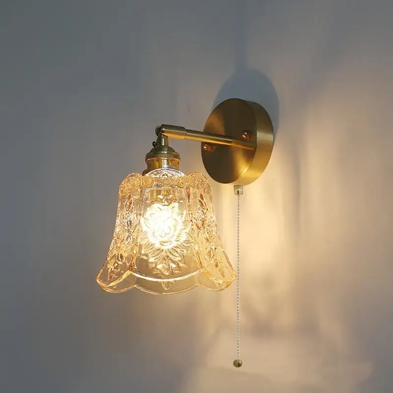 Vintage floral green glass led wall sconce with gold-toned metal and clear etched glass shade featuring floral patterns