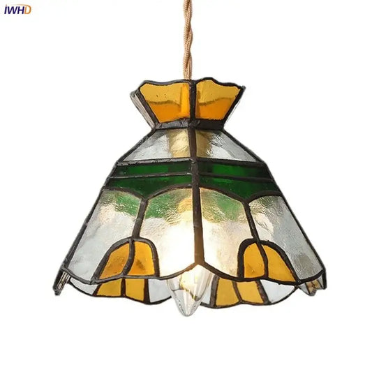 Vintage floral stained glass brass pendant lamp with yellow and green floral motifs for dining room decorbites glass brass