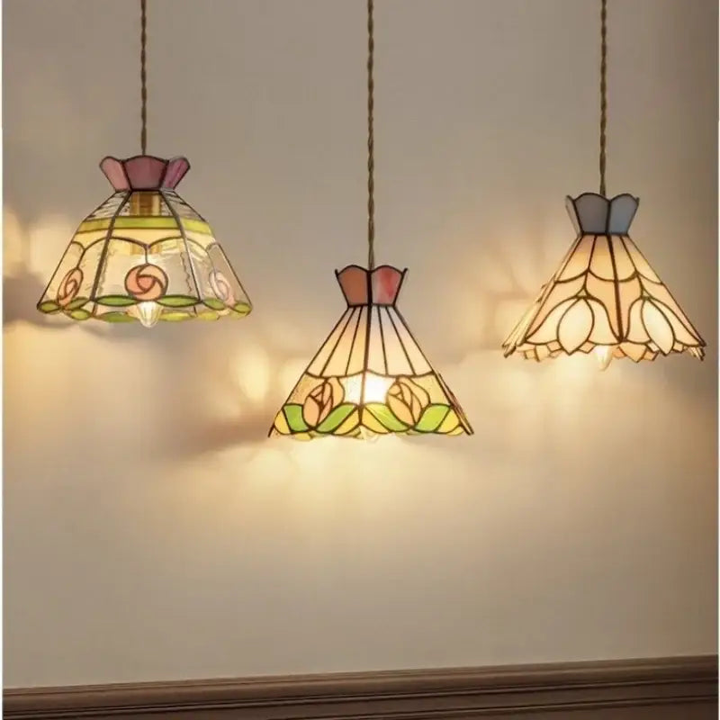 Three vintage floral stained glass pendant lights with amber and green panels for decorbites colorful flower led decor