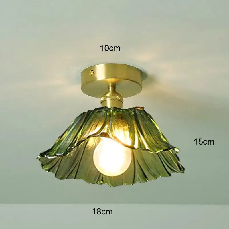 Vintage flower glass pendant light with brass finish and translucent green leaf-shaped glass pendant for dining room