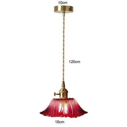 Vintage flower glass pendant light with brass ceiling mount and hand-blown red glass shade for dining room use