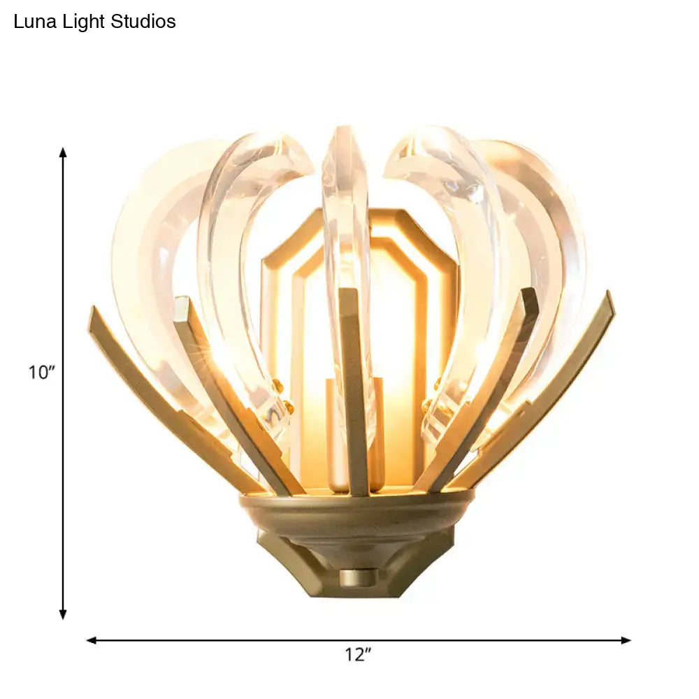 Vintage flower gold finish wall light with clear curved glass arms radiating like a blooming flower crystal sconce
