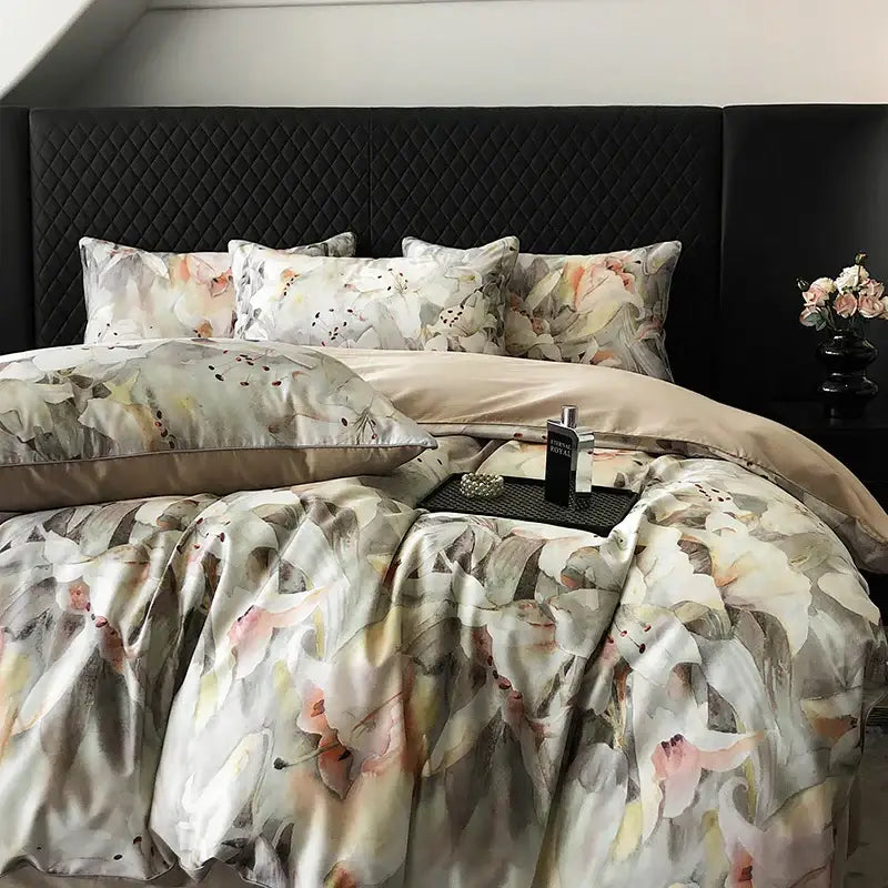 The vintage flowers print cream satin bedding set features a soft floral pattern in blush pink cream and gray tones