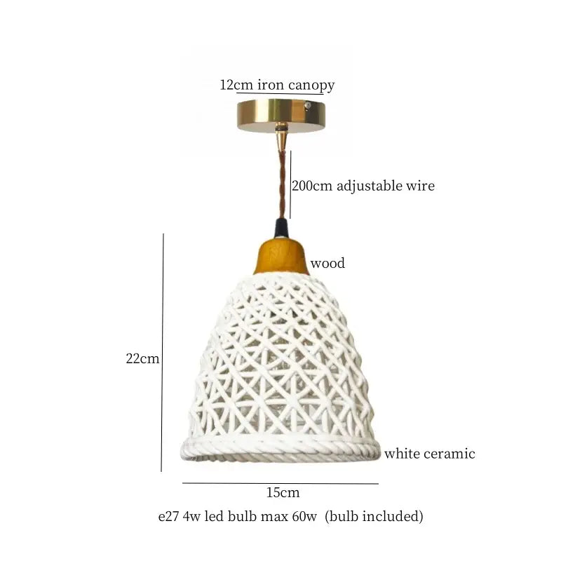 Vintage fluted off-white ceramic led pendant bedroom hanging light with woven lattice design and wooden accent by decorbites ceramic led