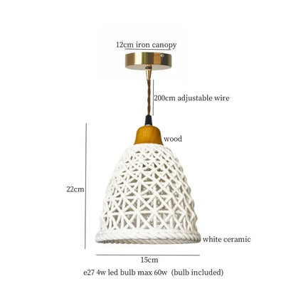 Vintage fluted off-white ceramic led pendant bedroom hanging light with woven lattice design and wooden accent by decorbites ceramic led