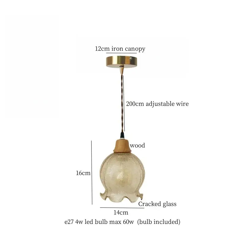 Vintage fluted off-white ceramic led pendant light with textured amber cracked glass shade and wooden collar by decorbites ceramic led