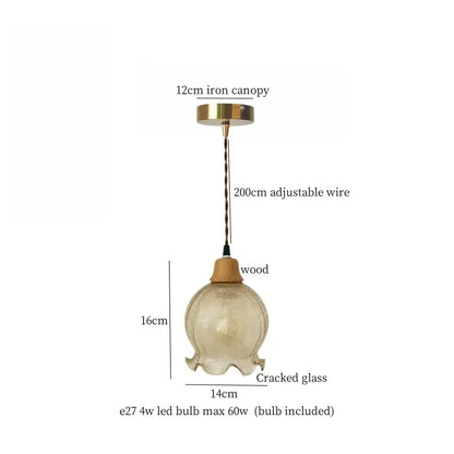 Vintage fluted off-white ceramic led pendant light with textured amber cracked glass shade and wooden collar by decorbites ceramic led