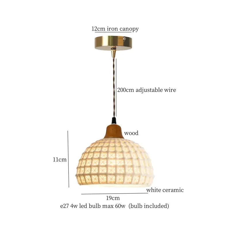 Vintage fluted off-white decorbites ceramic led pendant light with woven grid pattern and wooden accent for bedroom decor