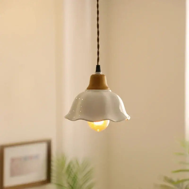Vintage fluted off-white ceramic led pendant with wooden top and twisted cord by decorbites ceramic led for bedroom decor