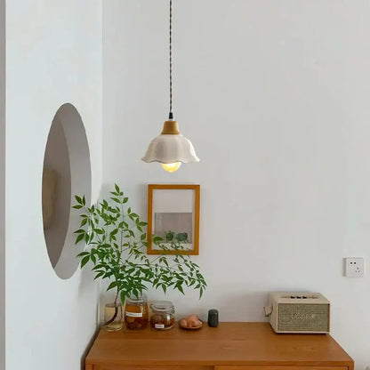 Vintage fluted off-white ceramic led pendant bedroom hanging light with wooden accent by decorbites ceramic led