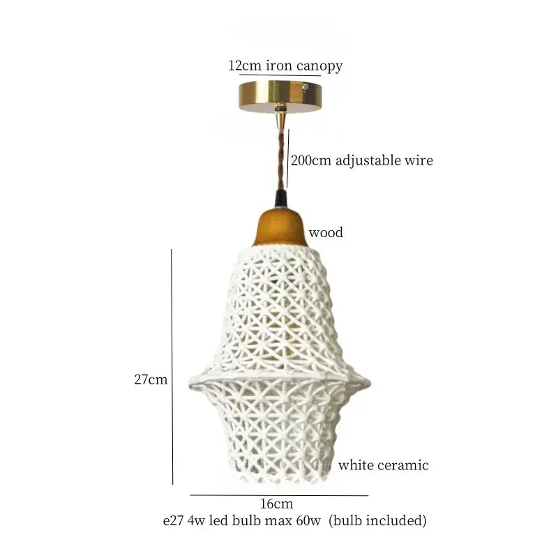 Vintage fluted off-white ceramic led pendant bedroom hanging light with woven lattice design wooden accent and brass canopy decorbites ceramic led