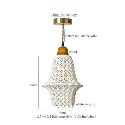Vintage fluted off-white ceramic led pendant bedroom hanging light with woven lattice design wooden accent and brass canopy decorbites ceramic led