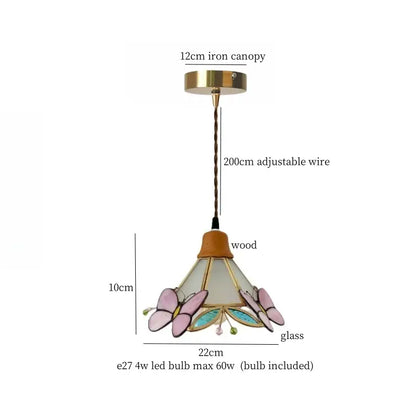 Vintage fluted off-white ceramic led pendant bedroom hanging light with pink teal butterfly stained glass decorbites ceramic led