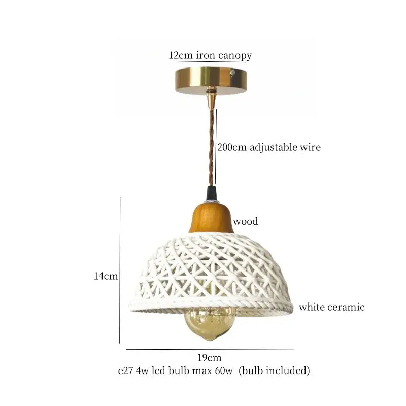 Vintage fluted off-white ceramic led pendant bedroom light with woven lattice design, wooden accent, and brass canopy by decorbites ceramic led