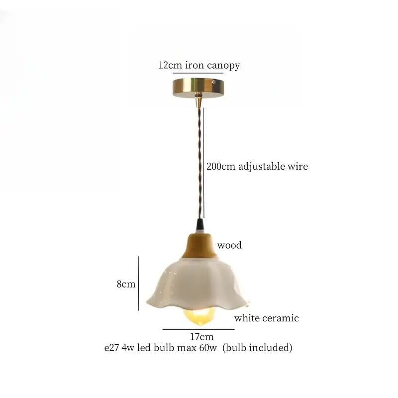 Vintage fluted off-white ceramic led pendant light with wooden collar and brass iron canopy by decorbites ceramic led