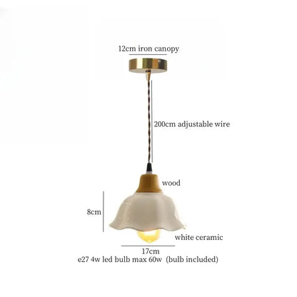 Vintage fluted off-white ceramic led pendant light with wooden collar and brass iron canopy by decorbites ceramic led