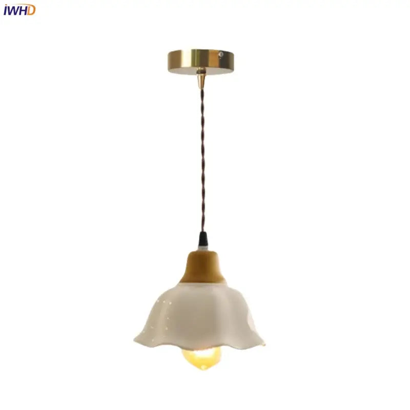 Vintage fluted off-white ceramic led pendant bedroom hanging light with wooden collar and brass mount by DecorBites ceramic led