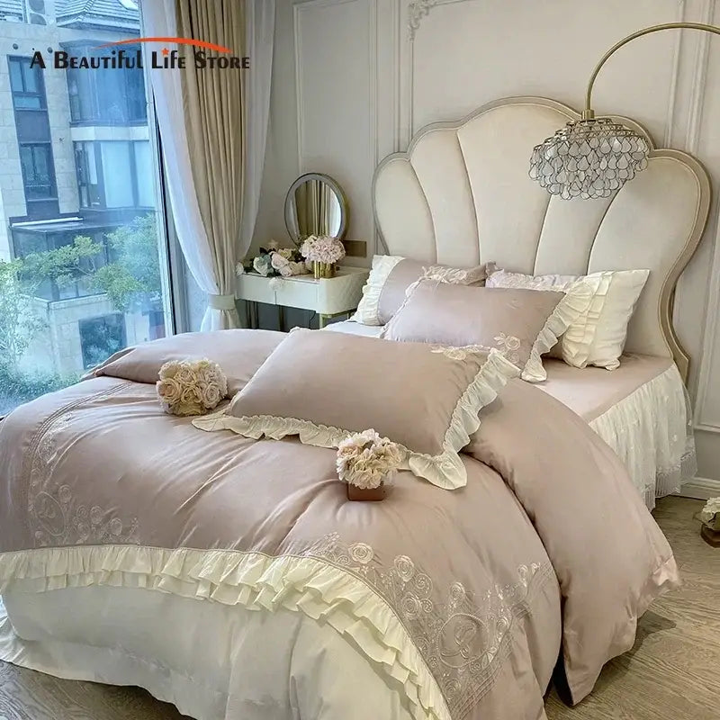Beige and cream lace-trimmed vintage french ruffles bedding set with embroidered floral details for bedroom decor