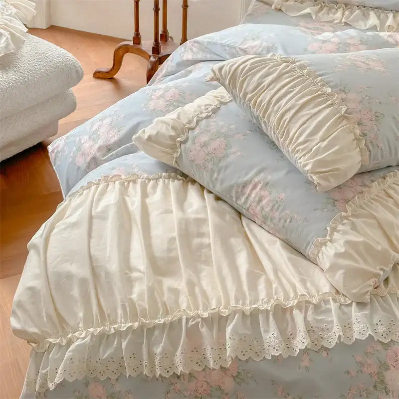 Pastel blue and cream decorbites french floral bedding set with ruffled edges and delicate eyelet lace trim