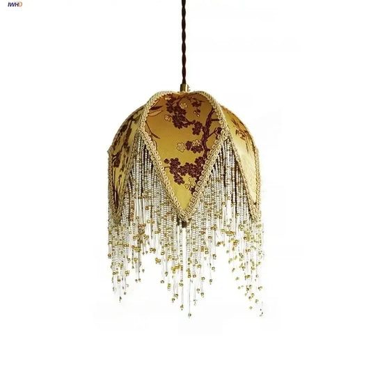 Golden silk pendant lights with intricate brown floral embroidery and iron tassel led decorbites accents for bedroom decor