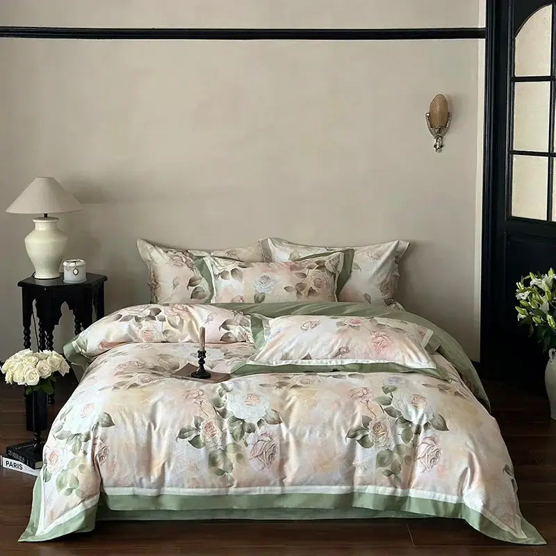Elegant cream satin bedding set featuring vintage french rose flower print with soft pink and green satin accents