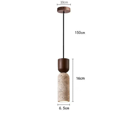Vintage french pendant light with matte bronze wood top and cylindrical speckled stone shade for dining room