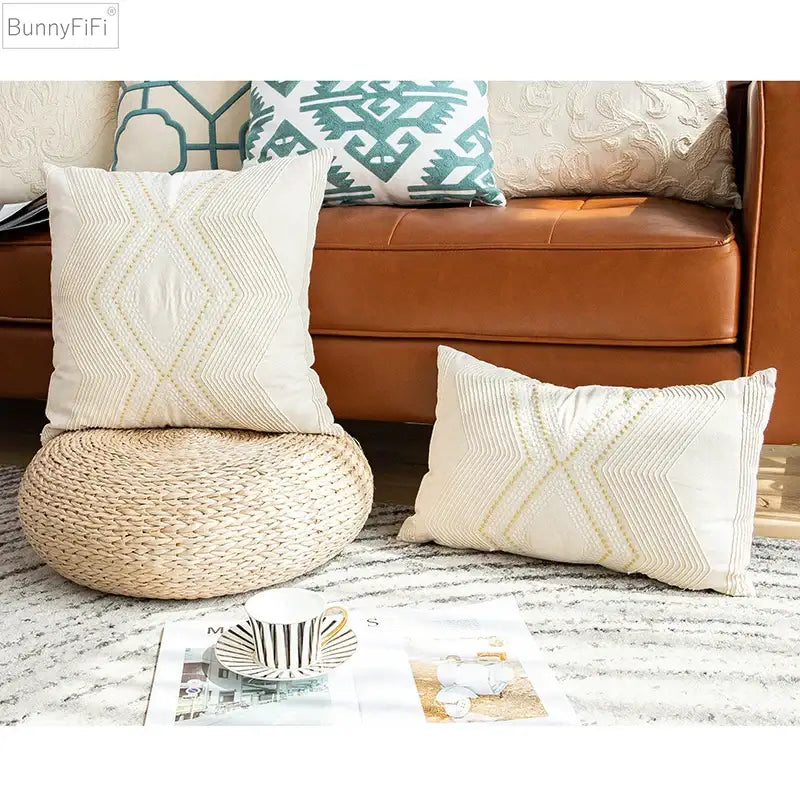 Cream-colored cushion cover with subtle gold geometric embroidery for decorbites geometric ivory vintage decor