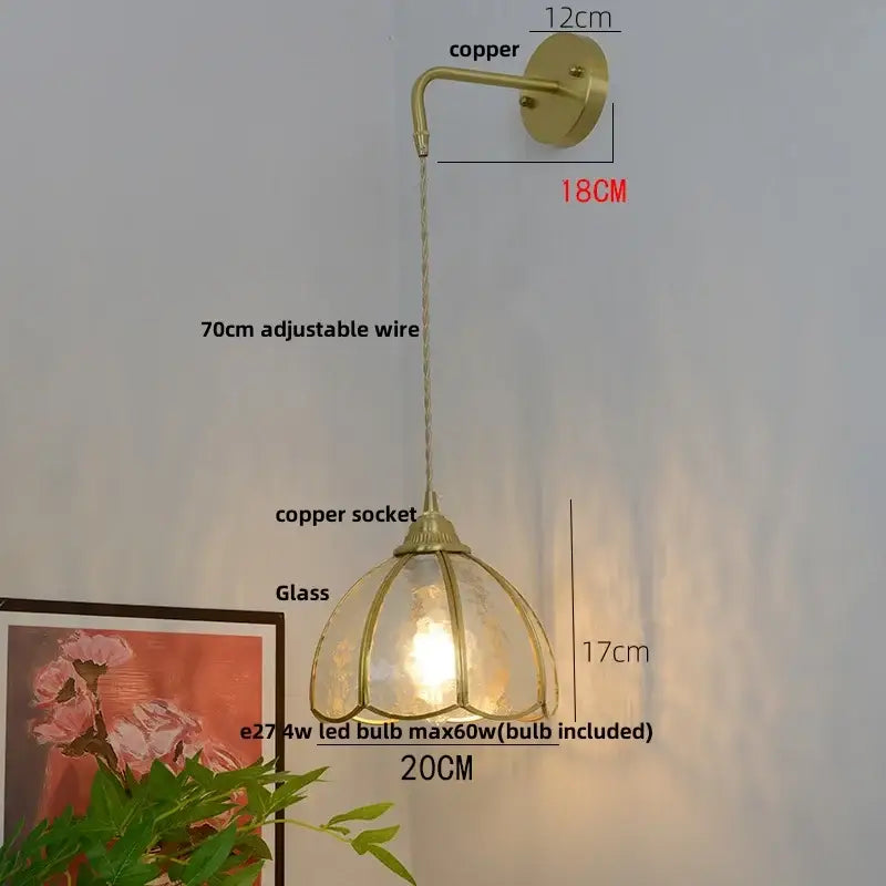 Vintage glass brass led wall sconce with brass finish copper body glass shade and adjustable wire for bedroom decorbites wall sconce